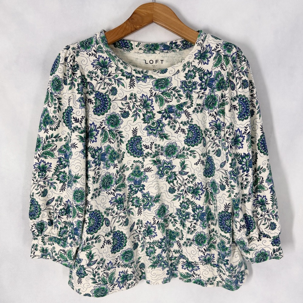 LOFT Cotton 3/4 Sleeve Floral Blue Green Sweatshirt Blouse Womens Size XL